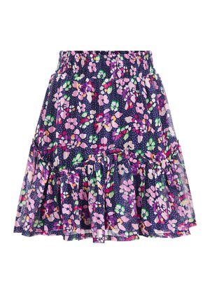 Jupe bleu marine avec motif floral rose, violet et vert, taille élastique et ourlet volanté.