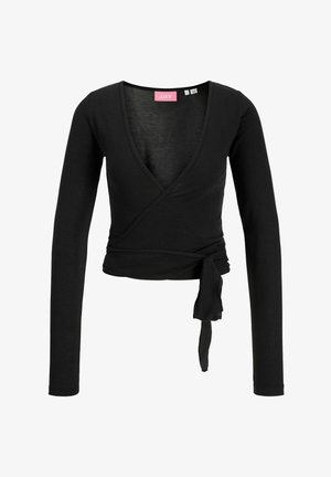 Černý dlouhý rukáv zavinovací top s hlubokým výstřihem do V a bočním zavázáním, zkrácený střih, velikost malá, vyrobený z měkkého materiálu.
