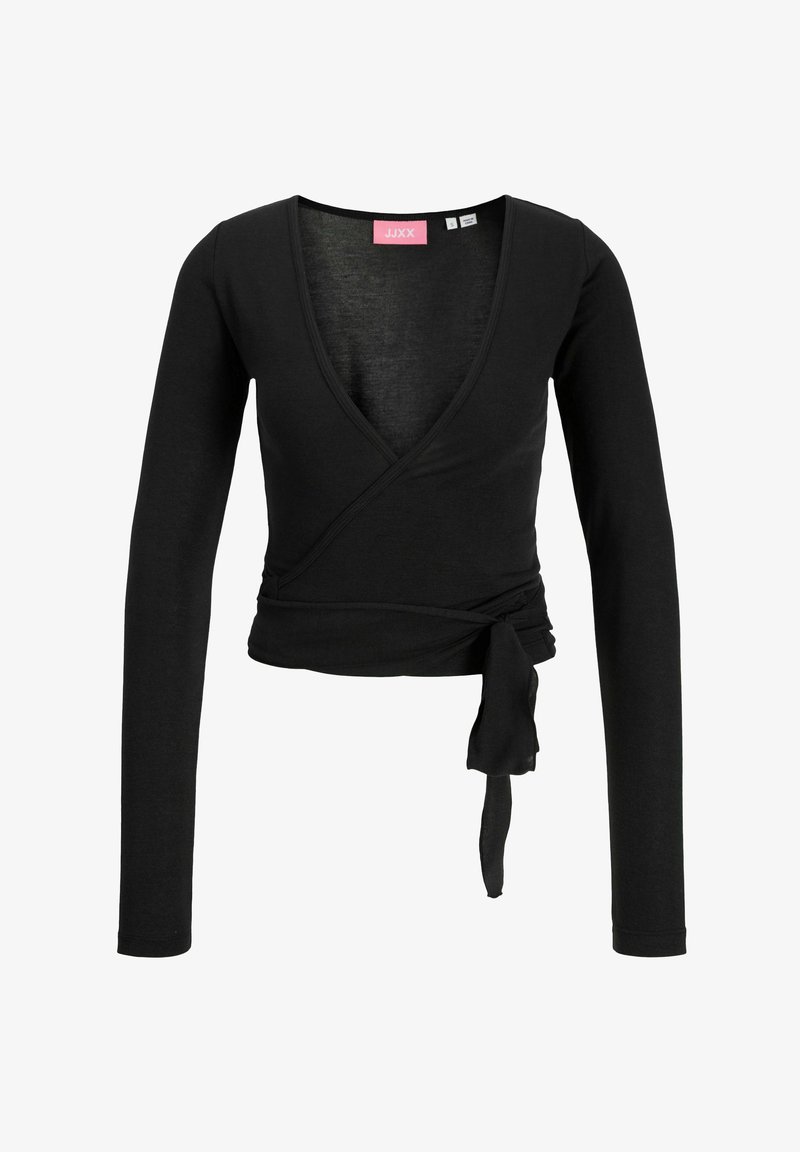 Top negro de manga larga con escote en V profundo y lazo lateral, ajuste corto, talla pequeña, hecho de tela suave.