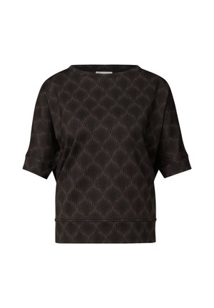 Black textured top with short sleeves, featuring a subtle diamond pattern and a relaxed fit. Simple round neckline and ribbed hem.