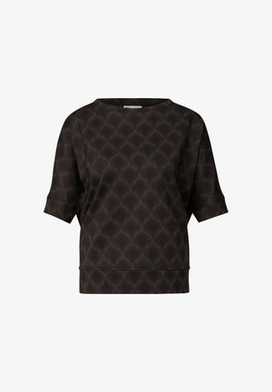 Černý strukturovaný top s krátkým rukávem, který má jemný diamantový vzor a uvolněný střih. Jednoduchý kulatý výstřih a žebrovaný lem.