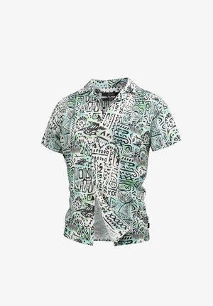 Chemise à manches courtes blanche et vert menthe, ornée de motifs abstraits noirs, avec un col à encoche et une fermeture par boutons à l'avant.