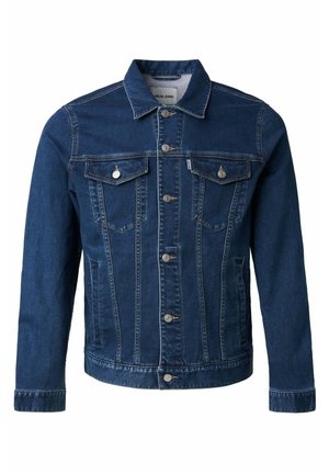 Veste en denim bleu foncé avec une fermeture à boutons, deux poches poitrine et des finitions en métal argenté. Comprend un col classique et des détails de couture.