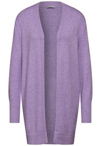 Dlouhý cardigan s otevřeným předním dílem ve světle fialové barvě, s žebrovanými manžetami a spodním lemem. Měkká textura a volný střih, bez zapínání a vzorů.