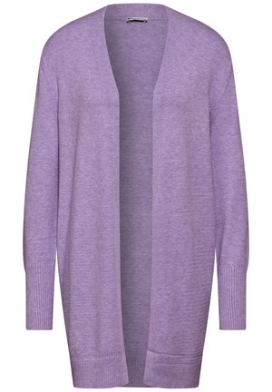 Cardigan lungo aperto di colore viola chiaro con polsini e orlo a costine. Tessuto morbido e vestibilità ampia, senza chiusure né motivi.