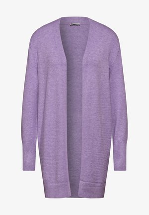 Cardigan lungo aperto di colore viola chiaro con polsini e orlo a costine. Tessuto morbido e vestibilità ampia, senza chiusure né motivi.