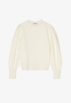 Cream-colored sweatshirt with a round neckline, puffed long sleeves, and fitted cuffs. Made from soft fabric with a smooth texture.