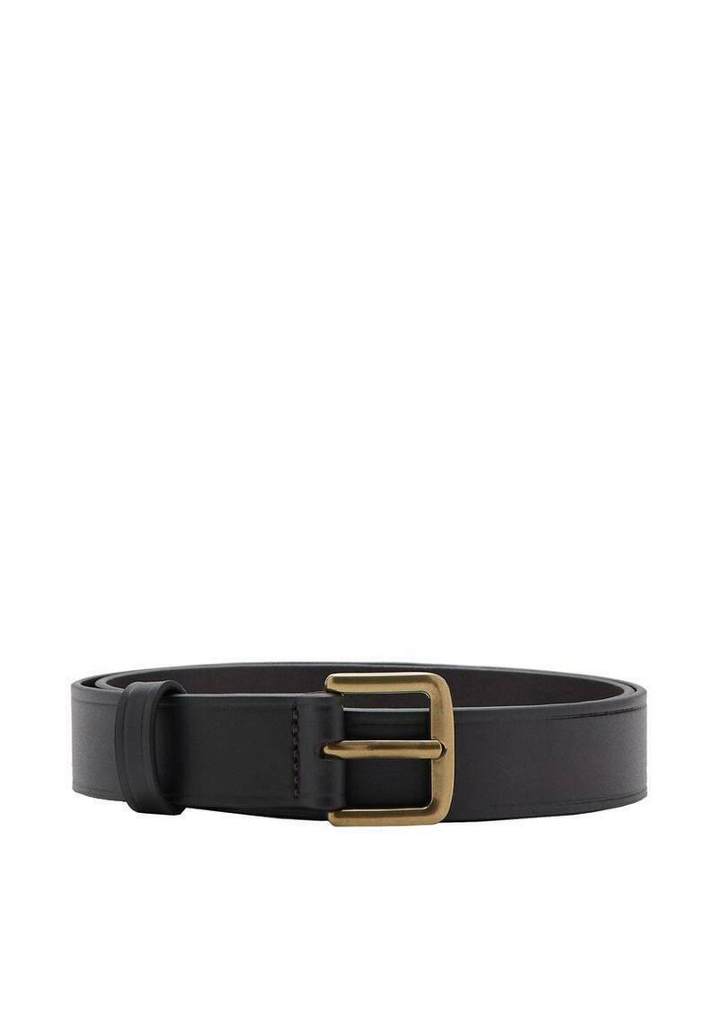 Black leather belt with a smooth texture, featuring a rectangular brass buckle and a simple loop for adjustment.