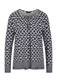 Langärmlige Bluse mit einem marineblauen und hellgrauen Rautenmuster. Das Material wirkt leicht, hat einen gerafften Ausschnitt und einen lockeren Schnitt.