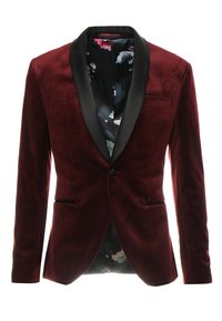 Burgundowa aksamitna marynarka z czarnym satynowym kołnierzem szalowym, zapinana na jeden guzik, z wnętrzem podszewki w kwiatowy wzór. Posiada boczne kieszenie.