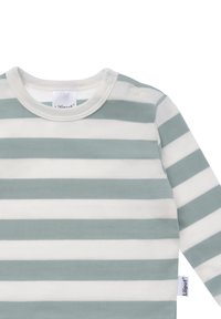 Langärmliges Oberteil aus weicher Baumwolle. Mit hellblauen und weißen horizontalen Streifen, runder Halslinie und Druckknöpfen an der Schulter.