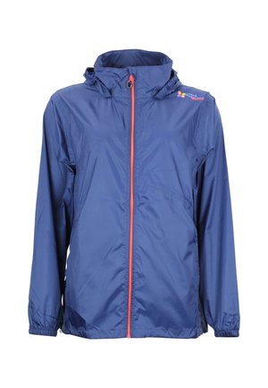 Veste légère bleu marine avec fermeture éclair à l'avant, capuche réglable et accents orange. Comprend des poignets élastiques et un tissu lisse et résistant à l'eau.
