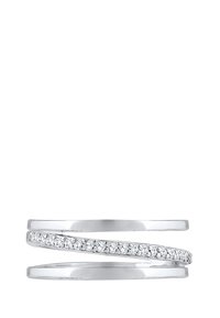 Sterling zilveren ring met drie verweven banden; één band versierd met kleine heldere edelsteentjes, glanzende, gladde afwerking.