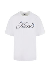 White cotton t-shirt featuring metallic silver script lettering “Kani” with blue floral accents. Short sleeves and classic fit design.