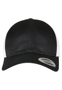 Cappellino da baseball nero con parte superiore in rete, pannelli laterali bianchi e visiera piatta. Presenta un'etichetta con logo argento sulla parte anteriore.