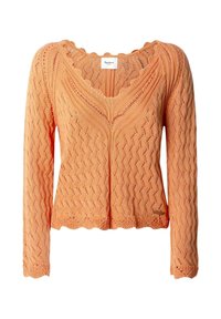 Gebreid vest in perzikkleur met lange mouwen, een uitgezaagde halslijn en een zigzagtextuur. Voorzien van een klein logo bij de zoom.