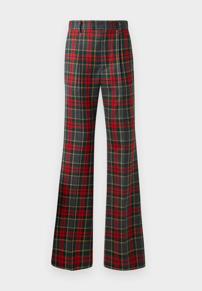 Flared trousers in a plaid pattern featuring red, green, and yellow colors. Made from fabric with a smooth texture and tailored fit.