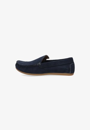 Marineblaue Wildleder-Slipper mit weicher Textur, genähten Details und runder Zehenpartie; Gummisohle für Grip und Komfort.