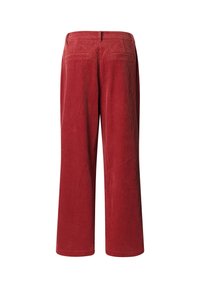 Pantaloni a gamba larga in corduroy rossi con una texture a coste, dotati di due tasche posteriori e una vita a media altezza.