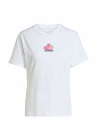 Vit bomull t-shirt med korta ärmar, med en rosa jordgubbsgrafik och "Adidas" broderat i svart under. Klassisk passform.