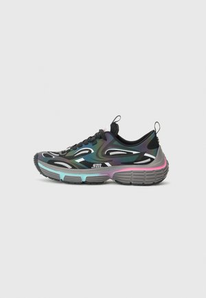 Black sneaker with iridescent, wavy patterns, thick sole featuring pastel blue and pink accents, pull tabs on tongue and heel, side view.