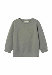 Felpa grigia chiaro in cotone, caratterizzata da un motivo imbossato a forma di limone sulla parte anteriore, polsini a coste e un piccolo etichetta con il logo sull'orlo.