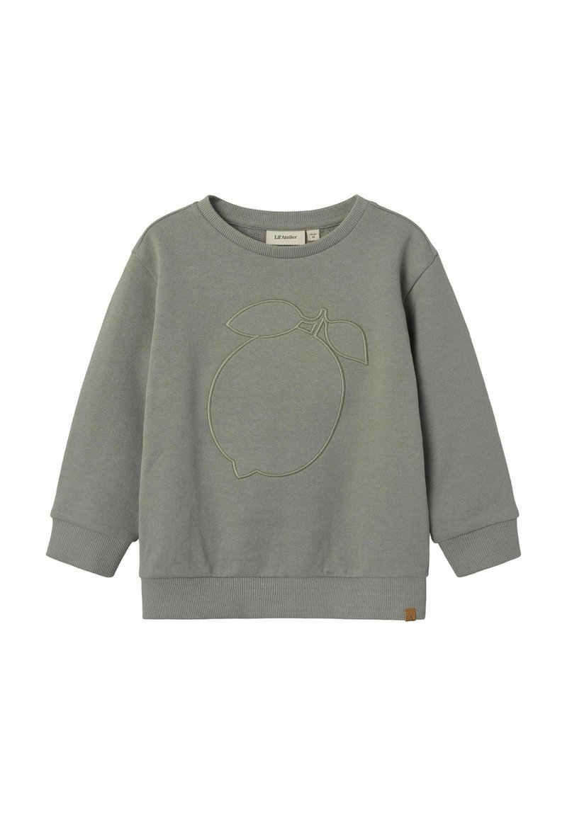 Felpa grigia chiaro in cotone, caratterizzata da un motivo imbossato a forma di limone sulla parte anteriore, polsini a coste e un piccolo etichetta con il logo sull'orlo.