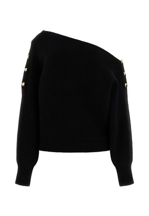 Czarny sweter odkrywający ramiona z prążkowaną fakturą, długimi rękawami i złotymi ozdobami na ramieniu, o krótkim kroju.