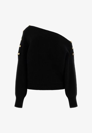 Czarny sweter odkrywający ramiona z prążkowaną fakturą, długimi rękawami i złotymi ozdobami na ramieniu, o krótkim kroju.