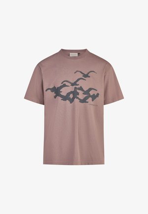 Light mauve cotton T-shirt featuring a dark gray bird silhouette graphic on the front. Short sleeves and a classic crew neckline.