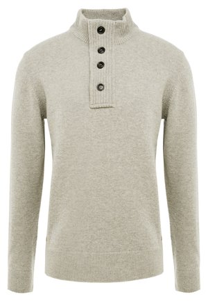 Light gray knit sweater with a high collar and four black buttons. Features long sleeves and a ribbed hem, with a soft texture.