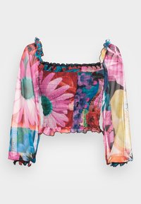Farbiger Blumen-Crop-Top mit gerafftem Oberteil, durchsichtigen langen Ärmeln, Rüschensaum und lebhaften Mustern in Pink-, Rot- und Blautönen.