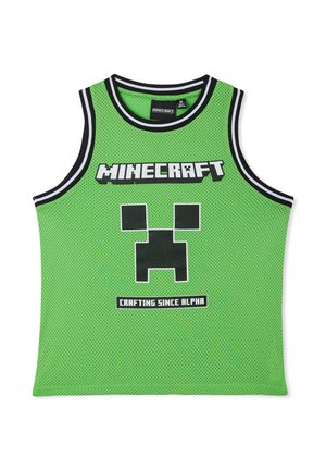 Top verde senza maniche in rete con rifiniture nere e bianche, scritta "MINECRAFT", volto pixelato del Creeper e scritta "CRAFTING SINGLE ALPHA" sul davanti.