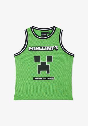 Top verde senza maniche in rete con rifiniture nere e bianche, scritta "MINECRAFT", volto pixelato del Creeper e scritta "CRAFTING SINGLE ALPHA" sul davanti.