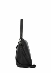 Borsa a spalla nera in pelle con finitura testurizzata, tracolla regolabile, hardware in metallo e una silhouette sottile e strutturata.