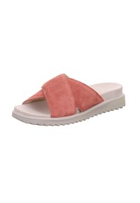 Růžové semišové skluzu sandály s překříženým designem, polstrovanou béžovou stélkou a texturovanou světle šedou podrážkou.