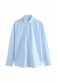 Camicia a maniche lunghe azzurro chiaro realizzata in tessuto morbido, con chiusura a bottoni frontale, colletto e polsini standard.