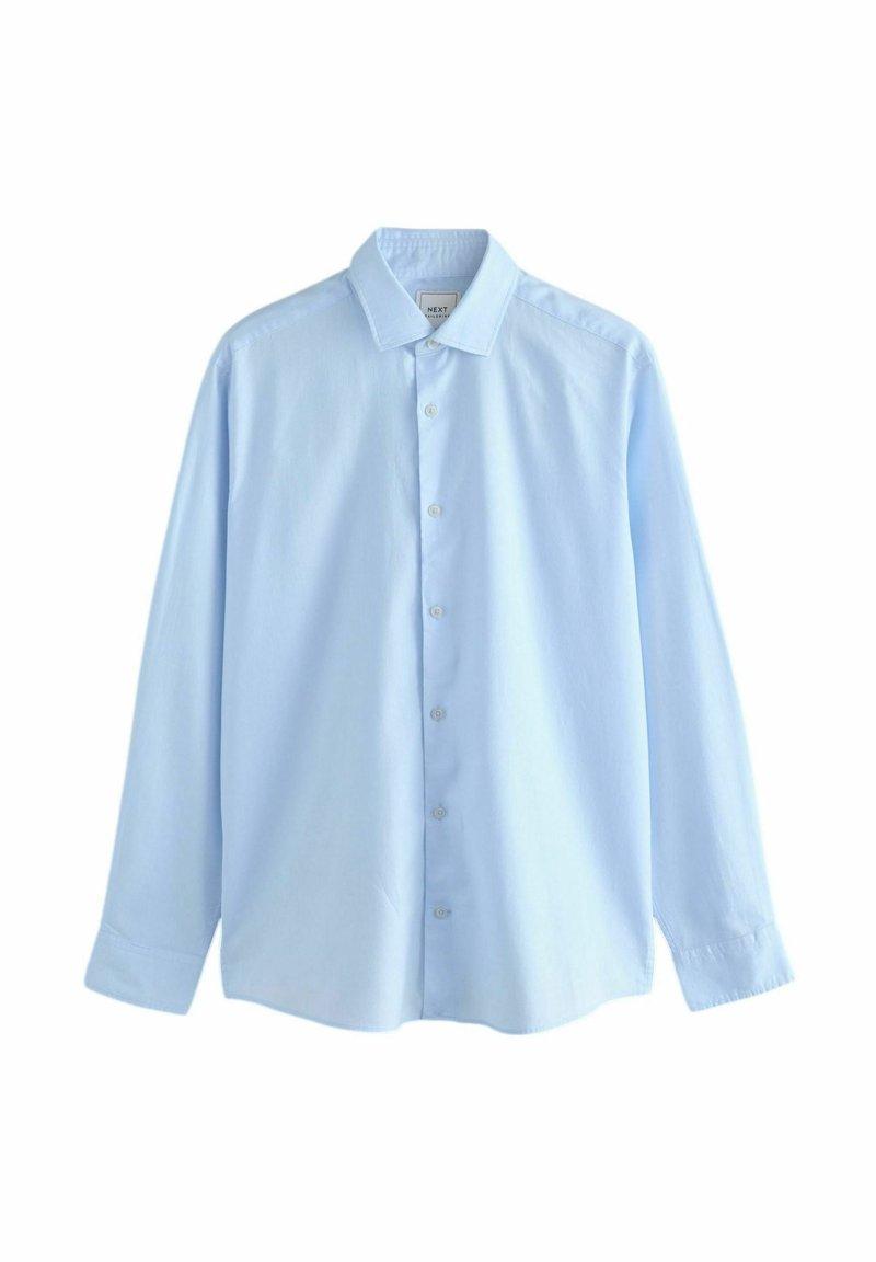 Camicia a maniche lunghe azzurro chiaro realizzata in tessuto morbido, con chiusura a bottoni frontale, colletto e polsini standard.