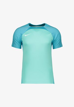 Kurzarm, türkisfarbenes Sportshirt mit einem strukturierten Muster an den Ärmeln. Verfügt über einen runden Ausschnitt und ein kleines weißes Logo auf der Vorderseite.
