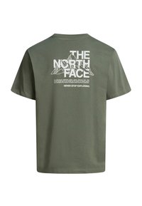 Zelené tričko s krátkým rukávem s bílou grafikou hory a velkým nápisem "THE NORTH FACE", plus sloganem "NEVER STOP EXPLORING" na zádech.
