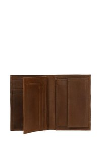 Bruine leren portemonnee met meerdere kaartsleuven, twee compartimenten en nette stiksels. Zachte textuur en minimalistisch design. Geopend uitzicht.