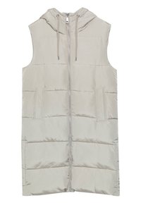 Hellbeige ärmellose Steppweste mit Reißverschluss vorne und Kapuze. Verfügt über zwei vordere Taschen und eine gesteppte Textur mit horizontalen Nähten.