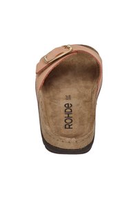 Rohde leather slide sandal with a light pink outer strap, gold buckle, and a brown suede insole. Featured logo 'ROHDE ECHT LEIDER' inside.