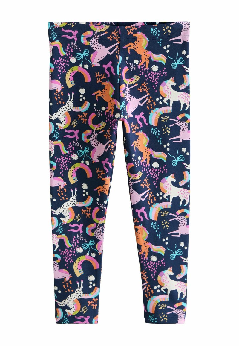 Leggings med marinblå bas och ett flerfärgat mönster av enhörningar, regnbågar och blommor i rosa, orange och gröna nyanser.