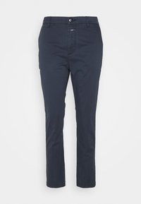 Marina blå byxor i bomullsmaterial, med dragkedja, knappstängning och platt framdesign med sidofickor.