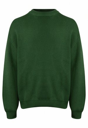 Green knitted sweater with a high neckline, dropped shoulder seams, and ribbed cuffs and hem. Features a textured, soft fabric.