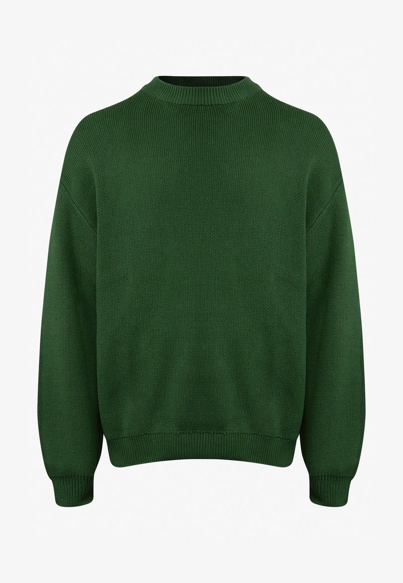 Pull en maille verte avec un col montant, des coutures d'épaule tombantes et des bords-côtes aux poignets et à l'ourlet. Confectionné dans un tissu texturé et doux.