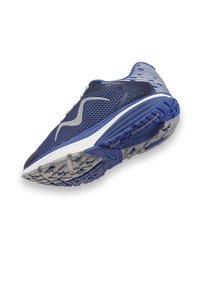 Chaussure de course athlétique bleue et grise avec semelle à motif, tige en mesh et logo argenté incurvé sur le côté, vue en angle par en dessous.