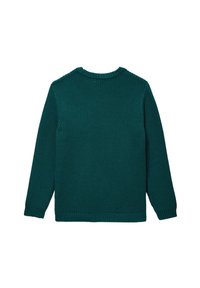 Pull en tricot teal avec col rond, manches longues et poignets et ourlet à côtes. Tissu texturé avec un tissage dense. Vue arrière unie.