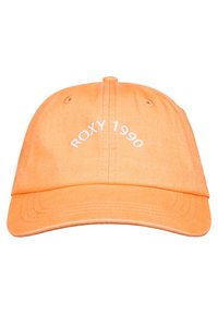 Orange cotton cap with a curved brim. Features white embroidered text "ROXY 1990" positioned arching over the front. Smooth texture.